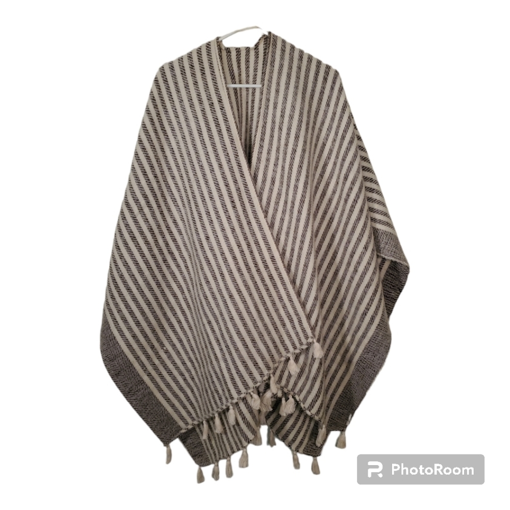 Cozy Knit Poncho 45 x 63 Inches Large Striped Fringed Neutral Elevated Basic